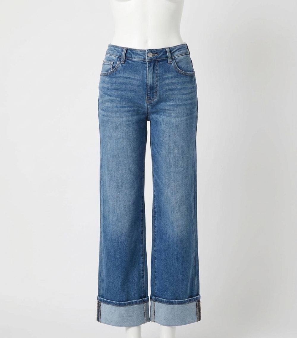 NEW RISEN tummy control wide cuffed jeans in dark wash